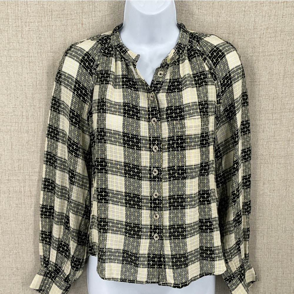 Pilcro Blouse Women XS Black White Plaid Cotton Boho Contrast Stitching Button